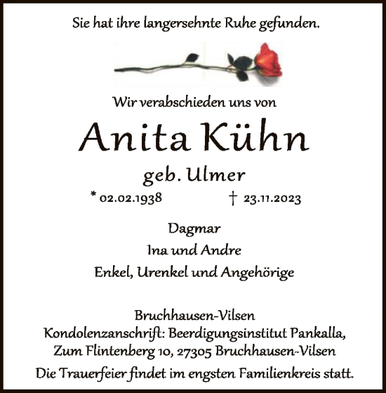 Todesanzeige von Anita Kühn von SYK