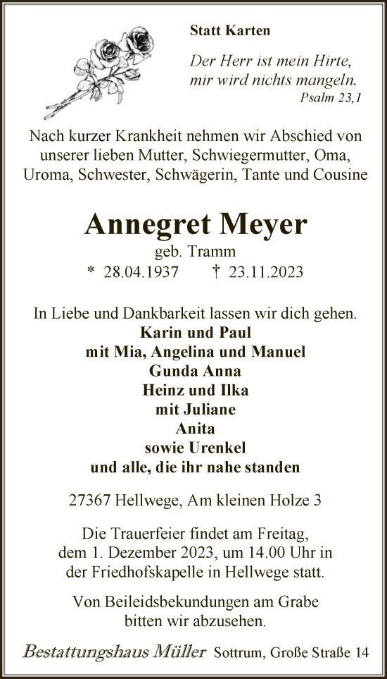 Todesanzeige von Annegret Meyer von SYK