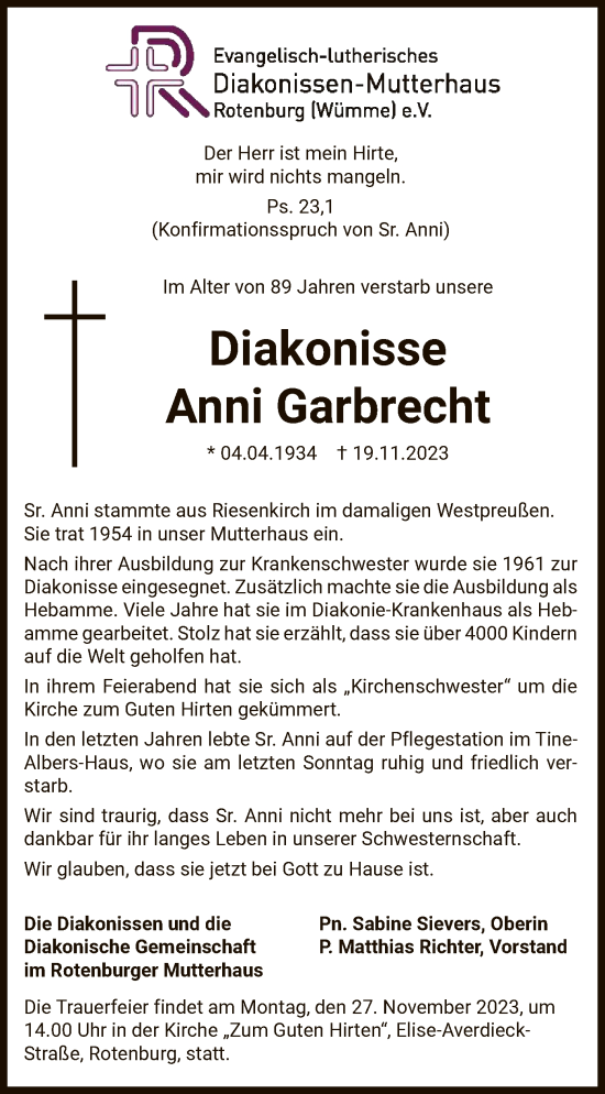 Todesanzeige von Anni Garbrecht von SYK