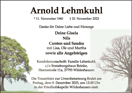 Todesanzeige von Arnold Lehmkuhl von SYKSYK