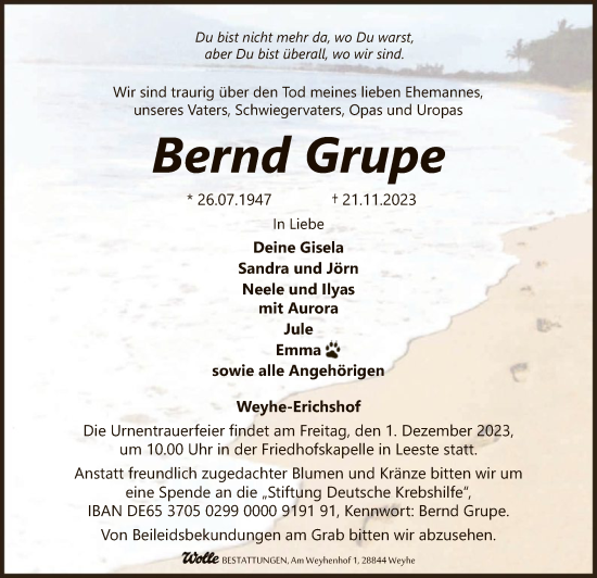 Todesanzeige von Bernd Grupe von SYK