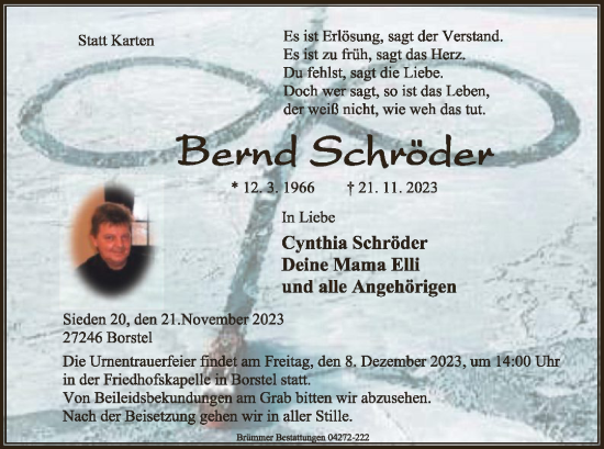 Todesanzeige von Bernd Schröder von SYK