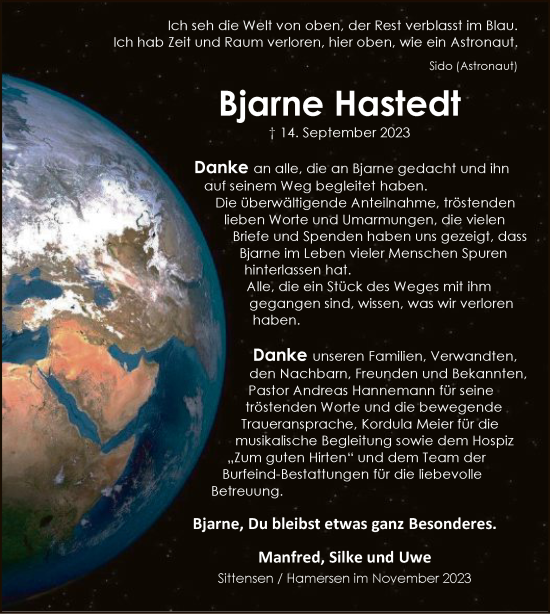 Todesanzeige von Bjarne Hastedt von SYK