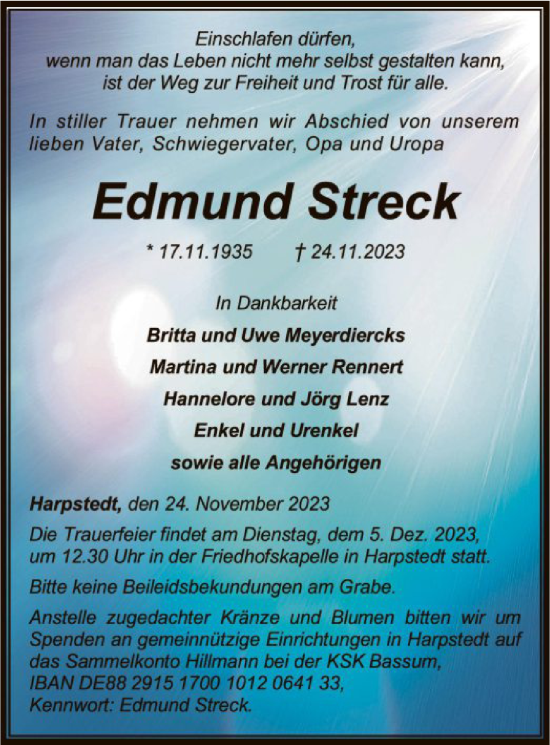 Todesanzeige von Edmund Streck von SYKSYK