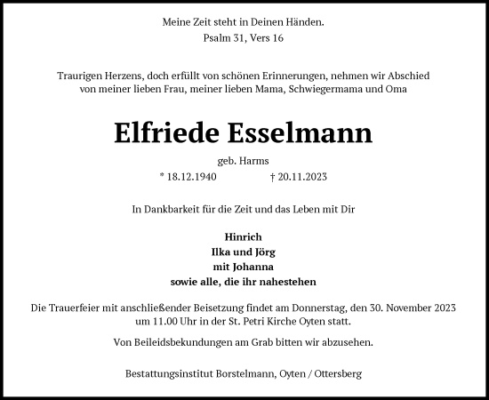 Todesanzeige von Elfriede Esselmann von SYK