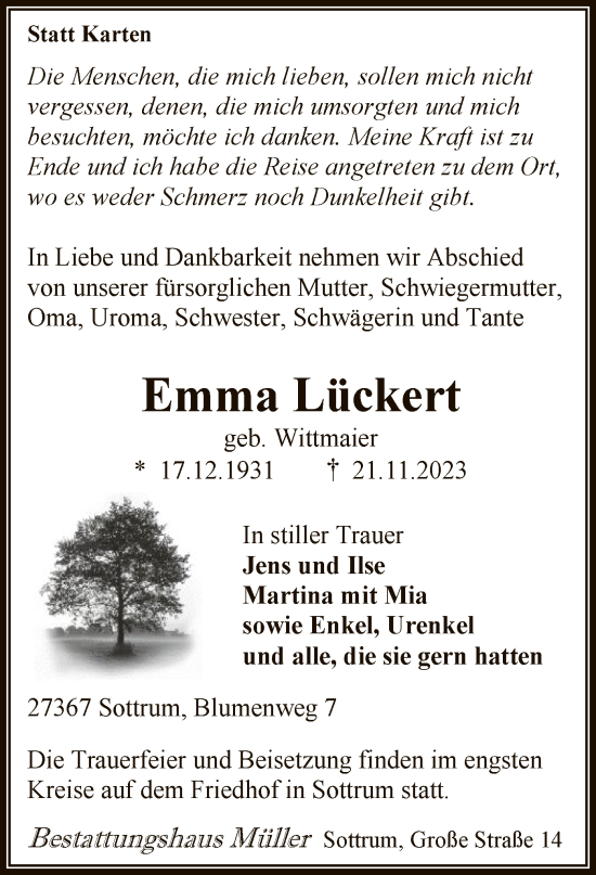 Todesanzeige von Emma Lückert von SYK