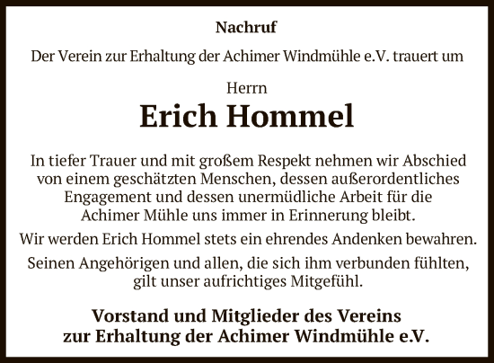 Todesanzeige von Erich Hommel von SYK