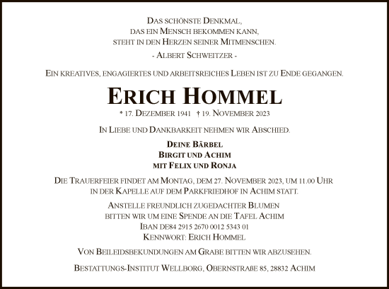 Todesanzeige von Erich Hommel von SYK