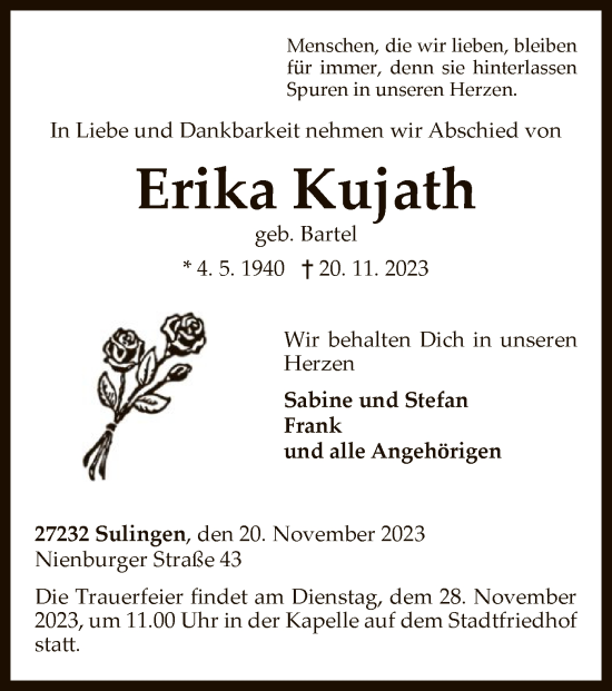 Todesanzeige von Erika Kujath von SYK