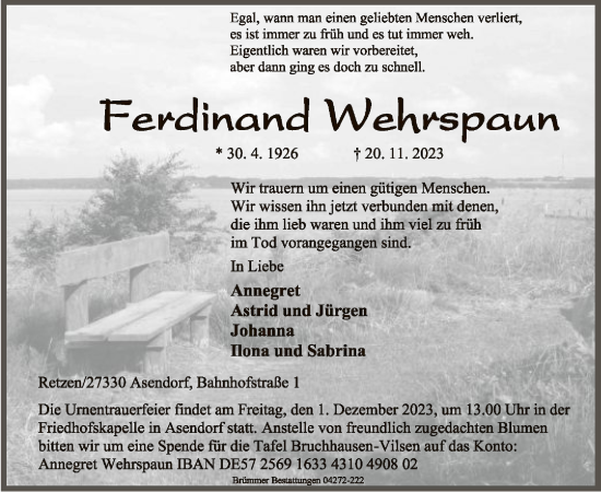 Todesanzeige von Ferdinand Wehrspaun von SYK