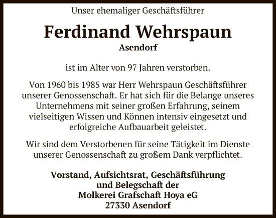 Todesanzeige von Ferdinand Wehrspaun von SYK