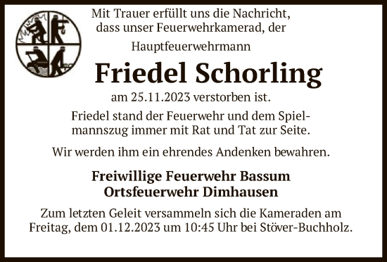 Todesanzeige von Friedel Schorling von SYK