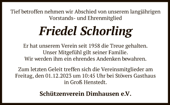 Todesanzeige von Friedel Schorling von SYK