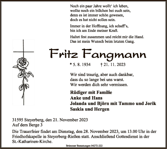 Todesanzeige von Fritz Fangmann von SYK