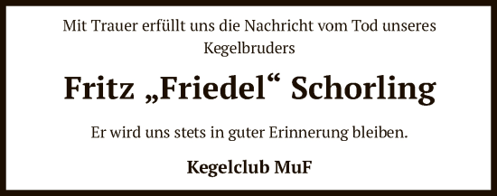 Todesanzeige von Fritz Schorling von SYK