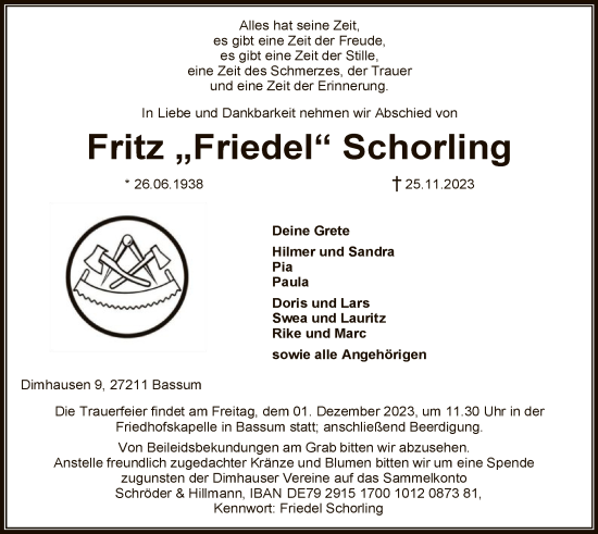Todesanzeige von Fritz Schorling von SYK