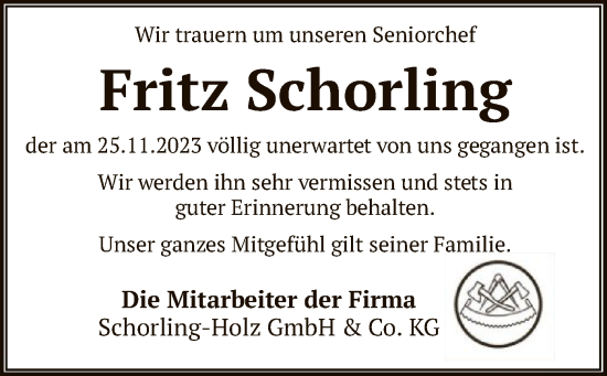 Todesanzeige von Fritz Schorling von SYK