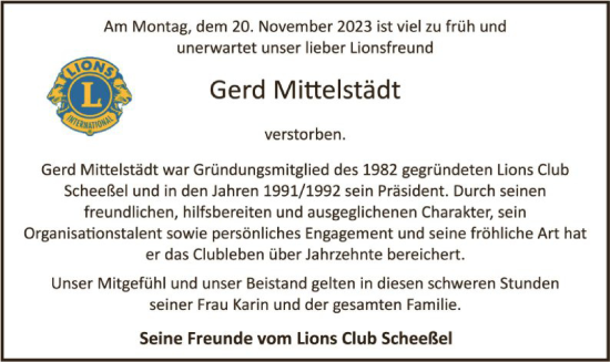 Todesanzeige von Gerd Mittelstädt von SYK