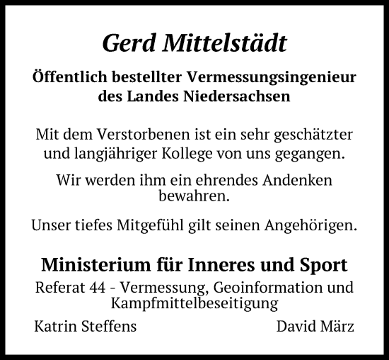 Todesanzeige von Gerd Mittelstädt von SYK