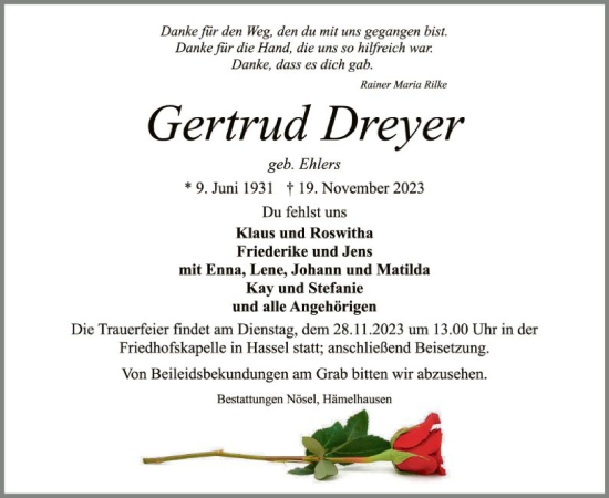 Todesanzeige von Gertrud Dreyer von SYK