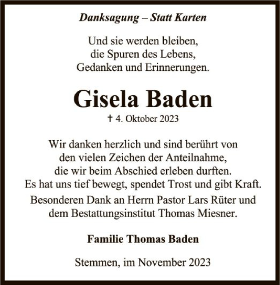 Todesanzeige von Gisela Baden von SYK
