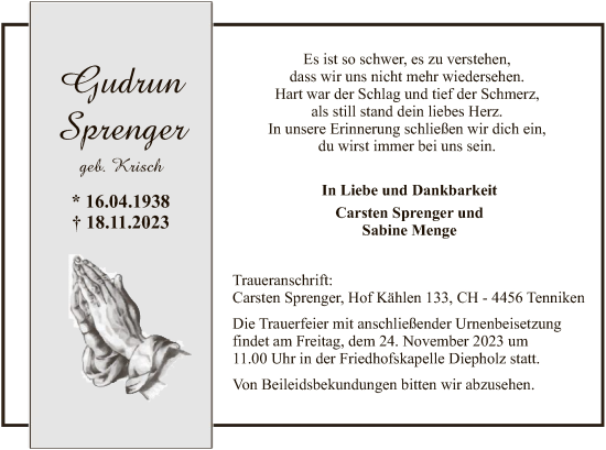 Todesanzeige von Gudrun Sprenger von SYK