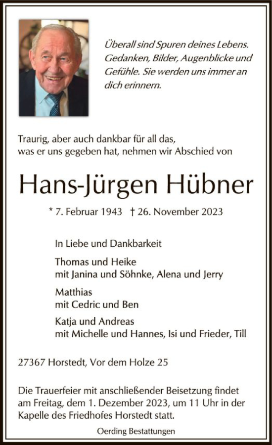 Todesanzeige von Hans-Jürgen Hübner von SYK