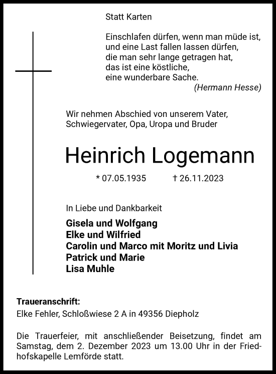 Todesanzeige von Heinrich Logemann von SYK