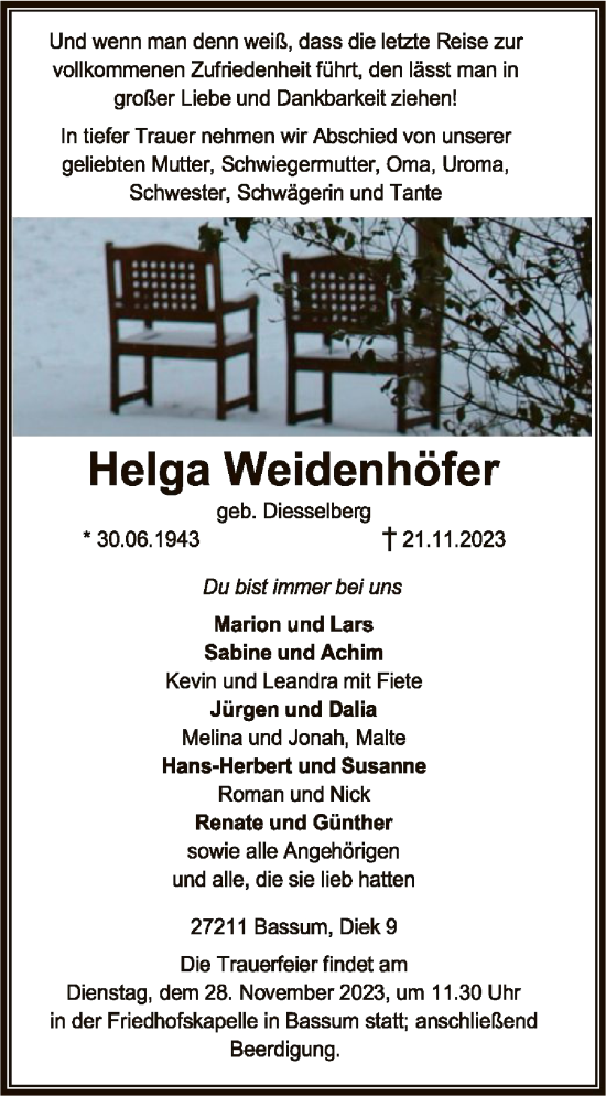 Todesanzeige von Helga Weidenhöfer von SYK