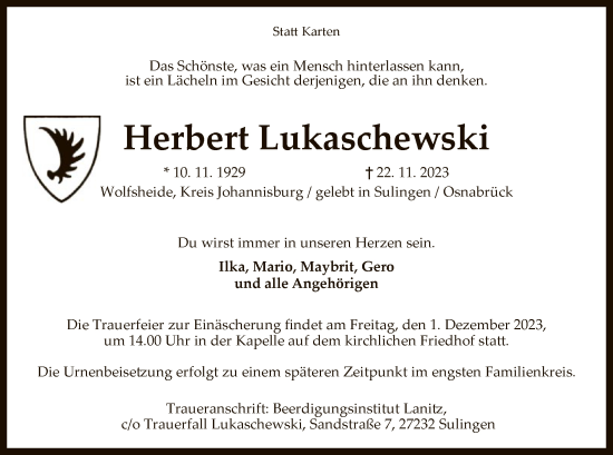 Todesanzeige von Herbert Lukaschewski von SYK