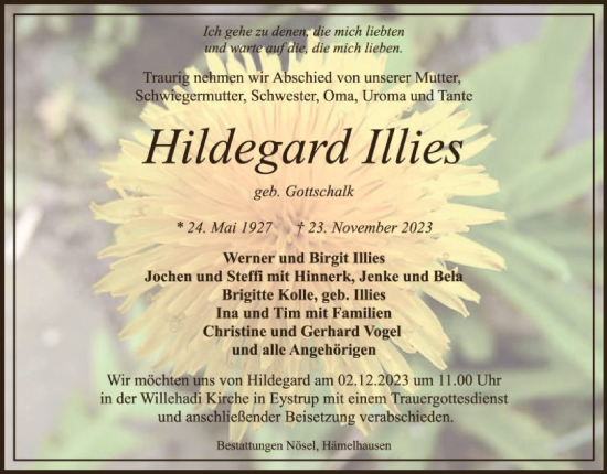 Todesanzeige von Hildegard Illies von SYK