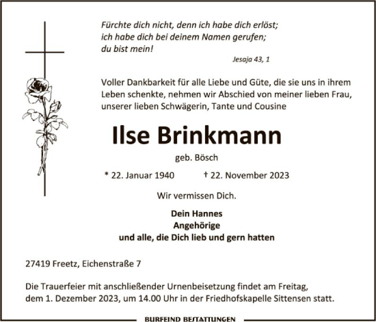 Todesanzeige von Ilse Brinkmann von SYK