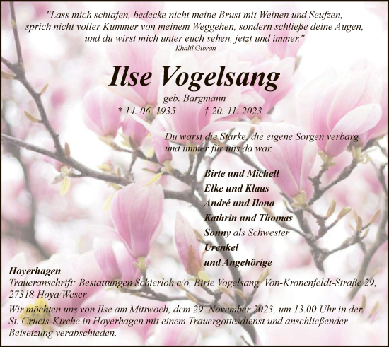 Todesanzeige von Ilse Vogelsang von SYK