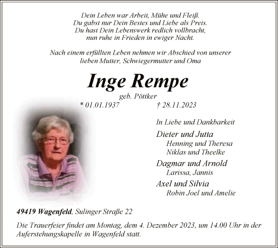 Todesanzeige von Inge Rempe von SYK