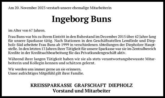 Todesanzeige von Ingeborg Buns von SYK