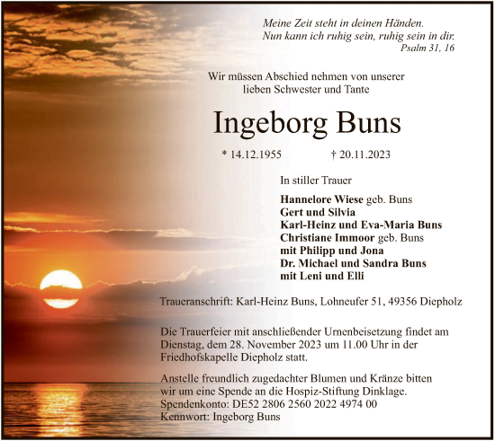 Todesanzeige von Ingeborg Buns von SYK