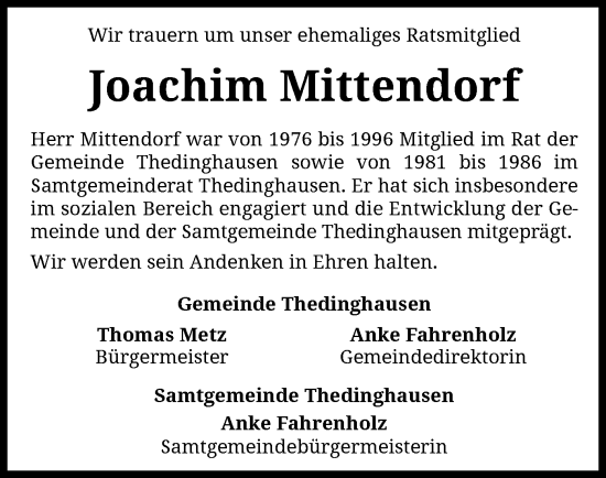 Todesanzeige von Joachim Mittendorf von SYK