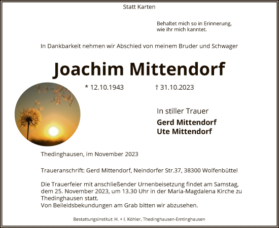 Todesanzeige von Joachim Mittendorf von SYK