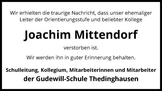 Todesanzeige von Joachim Mittendorf von SYK