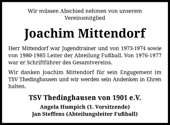 Todesanzeige von Joachim Mittendorf von SYK