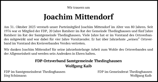 Todesanzeige von Joachim Mittendorf von SYK
