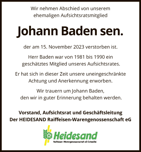 Todesanzeige von Johann Baden von SYK