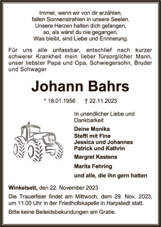 Todesanzeige von Johann Bahrs von SYKSYK