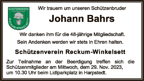 Todesanzeige von Johann Bahrs von SYKSYK