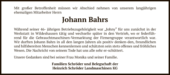 Todesanzeige von Johann Bahrs von SYK