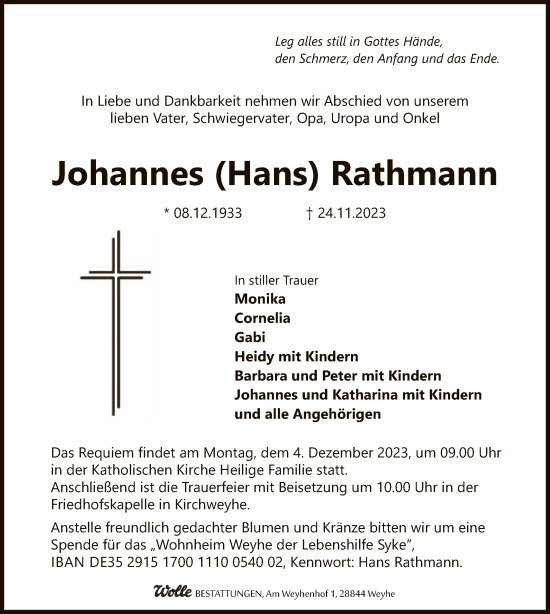 Todesanzeige von Johannes  Rathmann von SYK