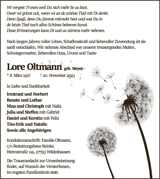 Todesanzeige von Lore Oltmann von SYK