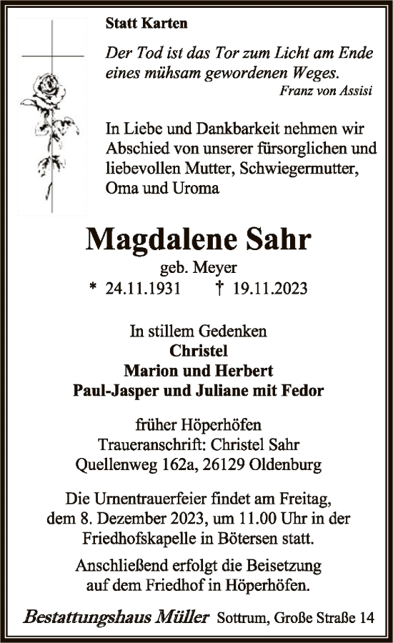 Todesanzeige von Magdalene Sahr von SYK