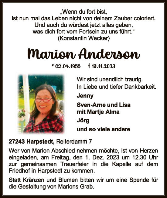 Todesanzeige von Marion Anderson von SYKSYK