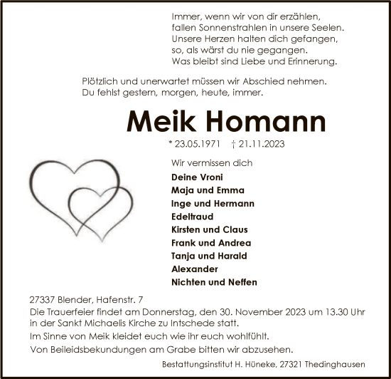 Todesanzeige von Meik Homann von SYK